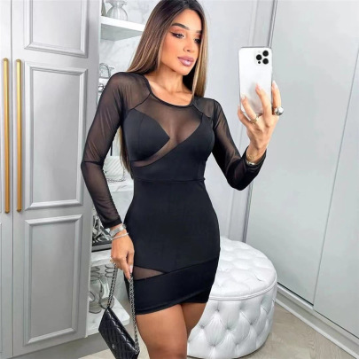 Round Neck Long Sleeve Perspective Stitching Slim Short Solid Color Mesh Dress NSCOK136871