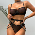 sexy perspective slim wrap chest solid color mesh underwear three-piece set NSHLN136890