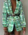 retro one button long sleeve v neck chain print blazer (not include belt) NSCXY136894