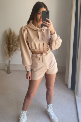 Hooded Long Sleeve High Waist Casual Solid Color Top And Shorts Suit NSLNZ136909