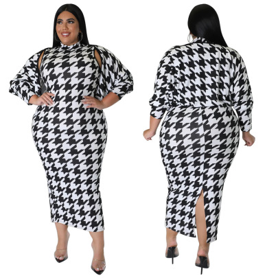 Plus Size Round Neck Slim Slit Long Skeeve Houndstooth Print Outwear And Dresses Suit NSLNW136917