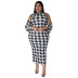 plus size round neck slim slit long skeeve houndstooth print outwear and dresses suit NSLNW136917
