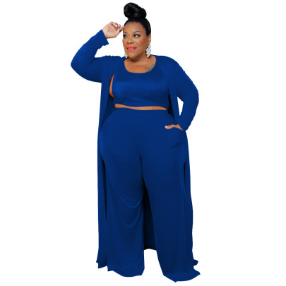Plus Size Leisure High Waist Long Sleeve Solid Color Top And Pant Three-piece Suit NSLNW136918