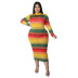 plus size print tight long sleeve round neck high wiast long dress NSLNW136920