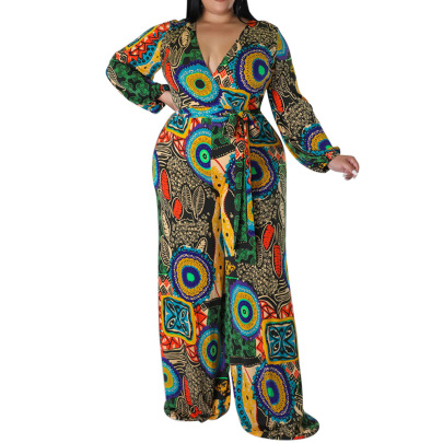 Plus Size Printing Lace-up V Neck Long Sleeve Wide-leg Jumpsuit NSLNW136922