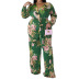 plus size printing lace-up v neck long sleeve wide-leg jumpsuit NSLNW136922