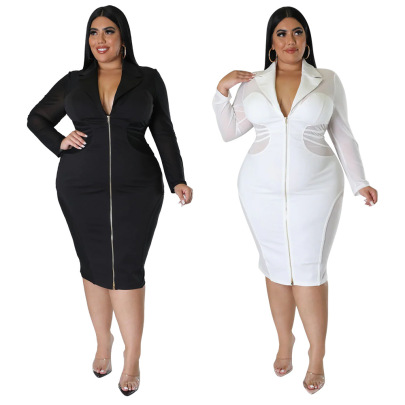 Plus Size Zipper Solid Color Perspective Stitching Slim Long Sleeve Dress NSLNW136924