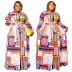 plus size printing large swing round neck long sleeves lace-up long dress NSLNW136925