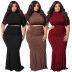 plus size slim short sleeve high waist round neck solid color top and skirt two-piece set NSLNW136926