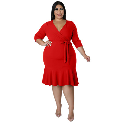 Plus Size V-neck Ruffle Mid-long Sleeve Lace-up Slim Solid Color Dress NSLNW136927