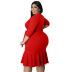 plus size V-neck ruffle mid-long sleeve lace-up slim solid color dress NSLNW136927