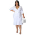 plus size V-neck ruffle mid-long sleeve lace-up slim solid color dress NSLNW136927
