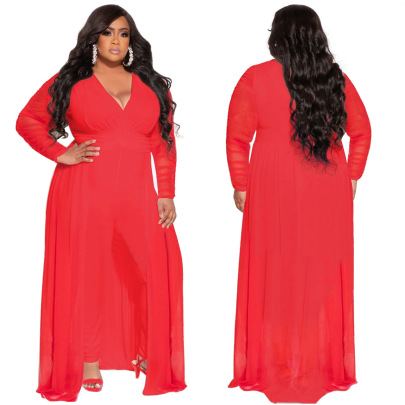Plus Size V-neck Stitching Long-sleeved Slim Solid Color Top And Pant Suit NSLNW136933