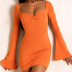 square neck flared sleeves slim short solid color dress NSLKL136937