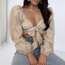 V-neck wrap chest long-sleeved lace-up puff sleeve short solid color top NSLKL136941