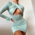 long-sleeved hollow tight-fitting crossover short solid color dress NSLKL136943