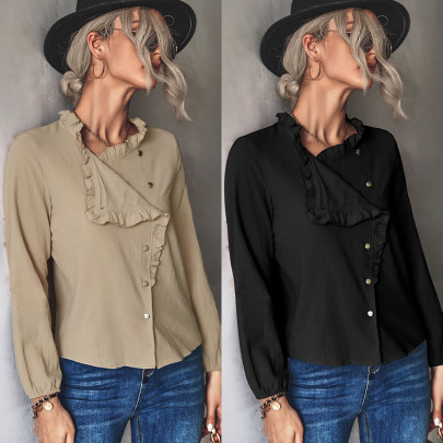 Buttoned Solid Color Ruffled Casual Long Sleeve Slim Top NSLNZ136912