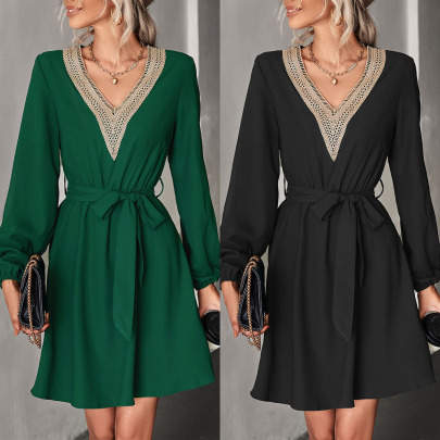 V-neck Lace-up Long Sleeved Stitching Solid Color Dress NSLNZ136906