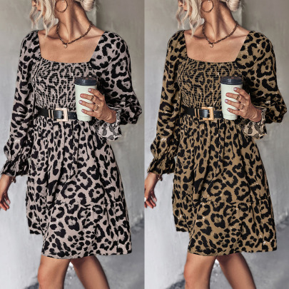 Long-sleeved Square Neck High Waist Short Leopard Print Dress NSLNZ136902
