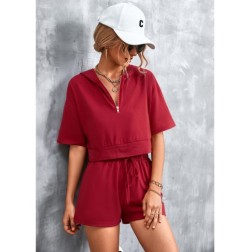 Zipper Solid Color Hooded Casual Short Sleeve Loose Top And Shorts Suit NSLNZ136908