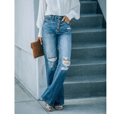 Single-breasted Holes High-waisted Straight-leg Wide-leg Jeans NSCXY136898