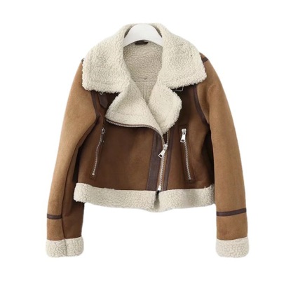 Color Matching Faux Fur And Faux Leather Stitching Jacket NSYXB136964