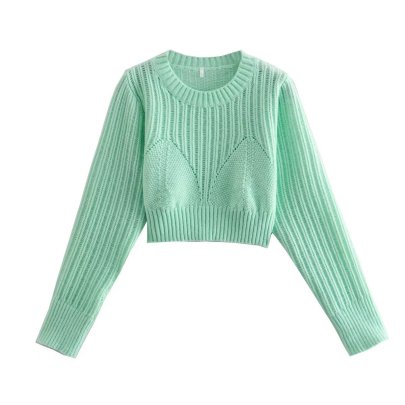 Solid Color Hollow Long Sleeve Knitted Crop Sweater NSYXB136965