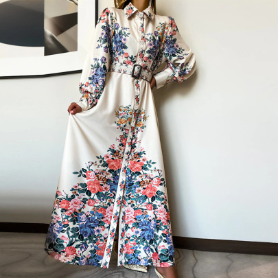 Floral Printing Long-sleeved Mid-length Shirt Dress NSONF136971