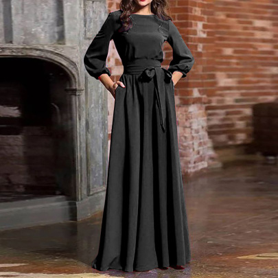 Solid Color Round Neck Long Sleeve Bohemian Style Long Dress NSONF136972