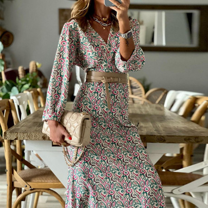 V-neck Long-sleeved Bohemian Style Print Dress NSONF136975
