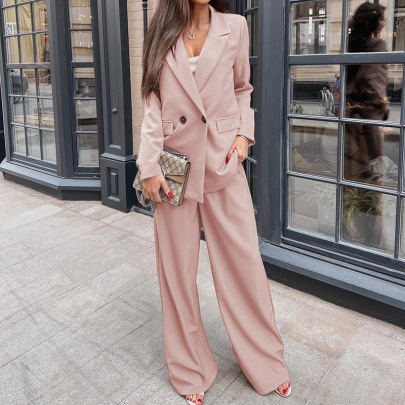 Solid Color V-neck Long Sleeve Suit Jacket And Trousers Two-piece Office Wear Set NSONF136978