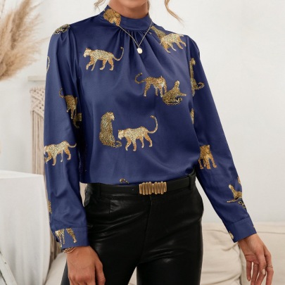 Leopard Print Long-sleeved Turtleneck Pullover Top NSYBL136989