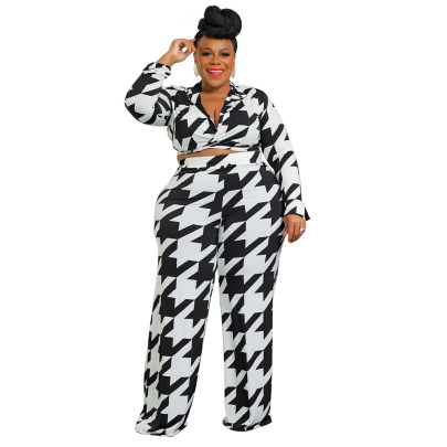 Plus Size Houndstooth/printed Lace-up Shirt Collar Top And Trousers Lounge Set NSLNW137012