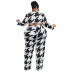 plus size houndstooth/printed lace-up shirt collar top and trousers lounge set NSLNW137012
