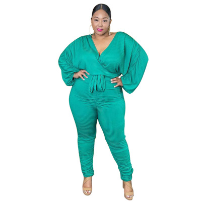 Plus Size Solid Color Lace Loose Long-sleeved Jumpsuit NSLNW137014