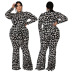plus size black leopard print long-sleeved straps wide-leg jumpsuit NSLNW137017