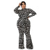 plus size black leopard print long-sleeved straps wide-leg jumpsuit NSLNW137017