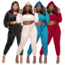plus size solid color lace velvet full zipper hooded crop Jacket underwear trousers three-piece lounge set NSLNW137037