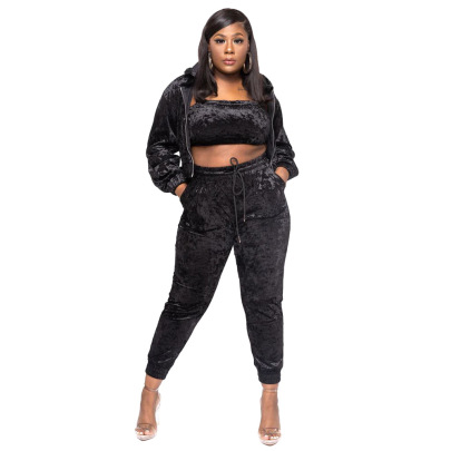 Plus Size Solid Color Lace Velvet Full Zipper Hooded Crop Jacket Underwear Trousers Three-piece Lounge Set NSLNW137037