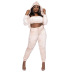 plus size solid color lace velvet full zipper hooded crop Jacket underwear trousers three-piece lounge set NSLNW137037