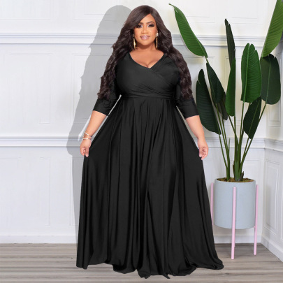Plus Size Solid Color Long Sleeve V-neck Prom Dress NSLNW137038