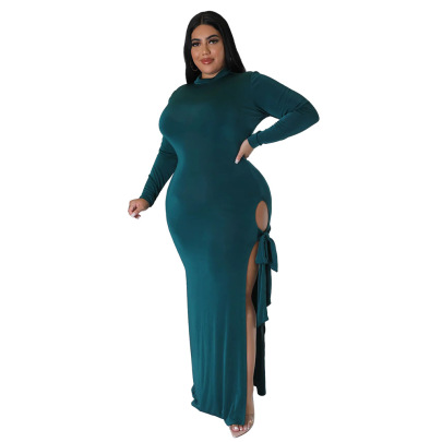 Solid Color Plus Size Slit Lace-up Long-sleeved Dress NSLNW137039