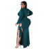 solid color plus size slit lace-up long-sleeved dress NSLNW137039