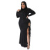 solid color plus size slit lace-up long-sleeved dress NSLNW137039
