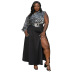 plus size solid color slit skirt single-shoulder printing top two-piece set NSLNW137042