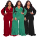 plus size solid color Deep V-Neck Tie Long Sleeve top Stitching Straight Pants lounge set NSLNW137043