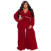 plus size solid color Deep V-Neck Tie Long Sleeve top Stitching Straight Pants lounge set NSLNW137043