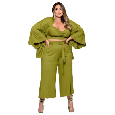Plus Size Solid Color Vest Trousers Long Sleeve Jacket Three-piece Lounge Set NSLNW137047