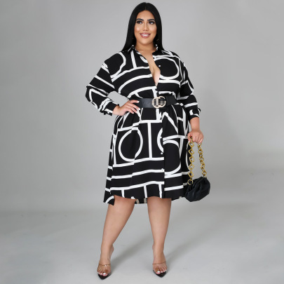 Plus Size Letters Printing Pleated Tunic Long Sleeve Shirt Dress NSLNW137048
