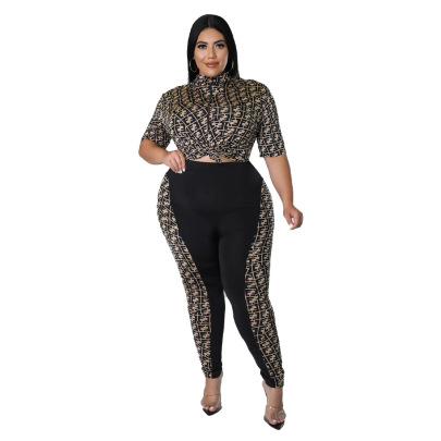 Plus Size Printing Short Sleeve Top And Solid Color Stitching Pants Two-piece Set NSLNW137050